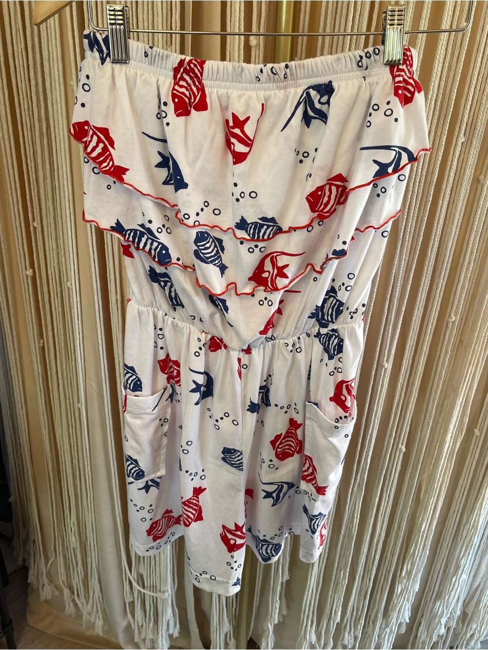 Strapless white romper with red & blue nautical fish print & ruffled neckline - Picture 7 of 10